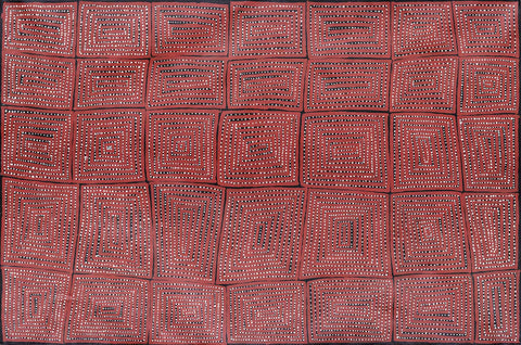 Warlimpirrnga Tjapaltjarri TWAT605 Tingari Cycle 183cmx153cm original Australian Aboriginal artwork at Tingari Arts horizontal view