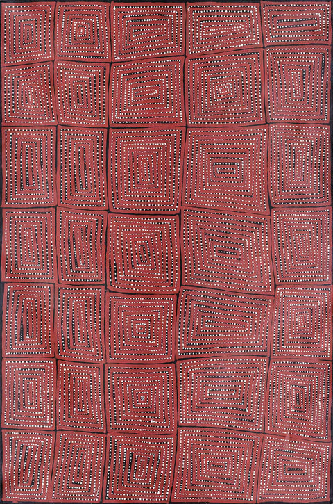 Warlimpirrnga Tjapaltjarri TWAT605 Tingari Cycle 183cmx153cm original Australian Aboriginal artwork at Tingari Arts vertical view