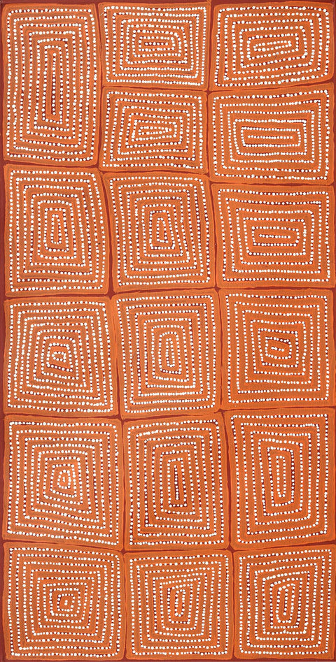 Warlimpirrnga Tjapaltjarri Lake Mackay Marua TWAT808 121cm x 61cm original Australian Aboriginal artwork at Tingari Arts vertical view